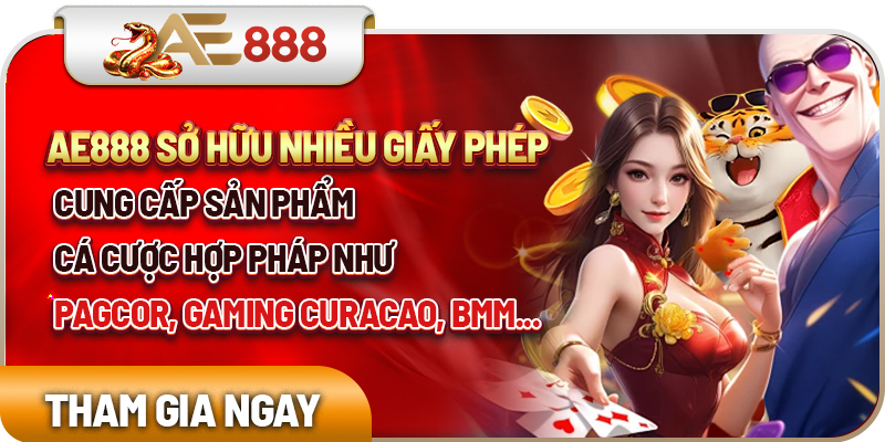 AE888 sở hữu nhiều giấy phép cung cấp sản phẩm cá cược hợp pháp như PAGCOR, Gaming Curacao, BMM...