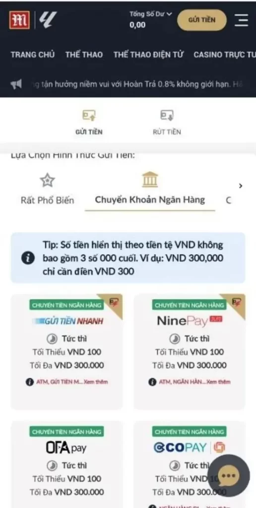 chọn hình thức gửi tiền M88