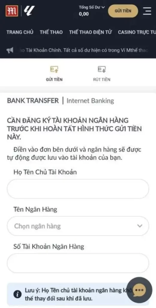 điền thông tin gửi tiền M88