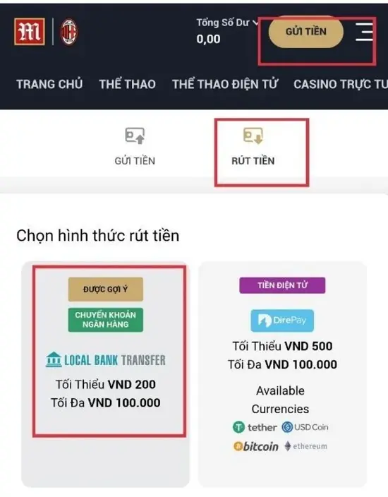 chọn rút tiền M88