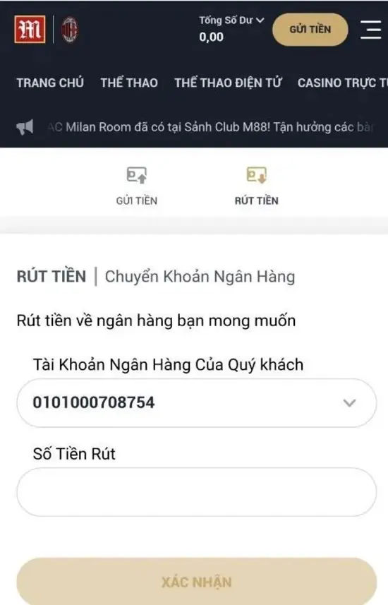 thực hiện rút tiền M88