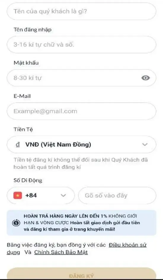điền thông tin đăng ký M88
