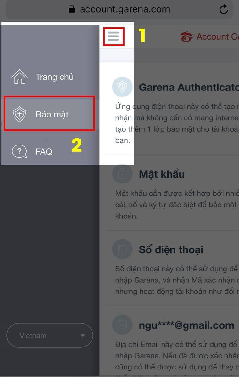 Nhấn vào mục bảo mật