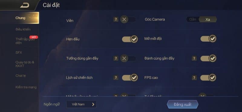 Nhấn chọn mục “đăng xuất”, mục này nằm ở tab Chung của game.