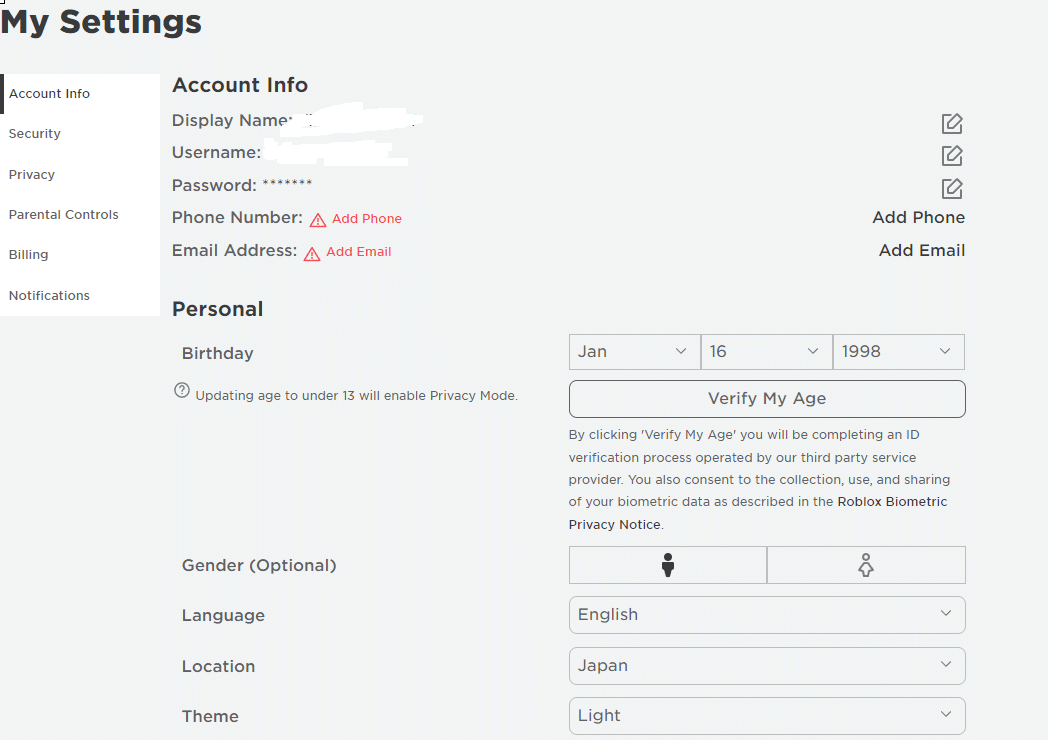 Hình ACC Roblox trắng thông tin độc đáo