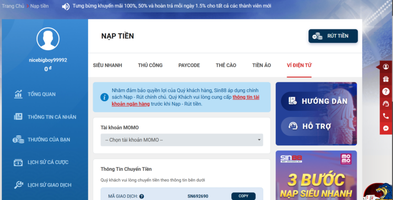 Hướng dẫn nạp tiền Sin88