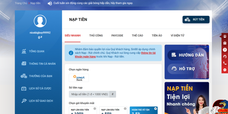 Nạp rút tiền Sin88