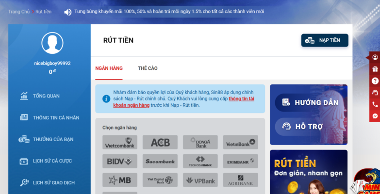 Hướng dẫn rút tiền Sin88