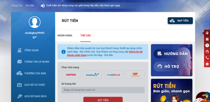 Hướng dẫn rút tiền Sin88
