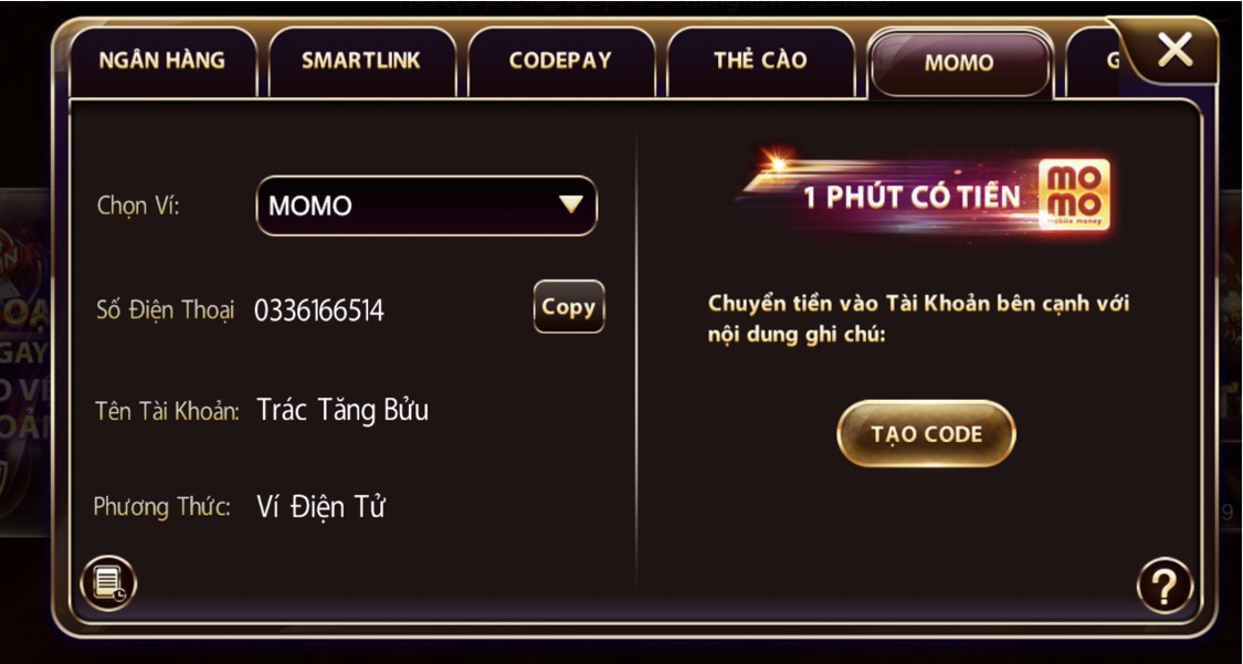 Nạp tiền qua ví điện tử Momo tại Zowin