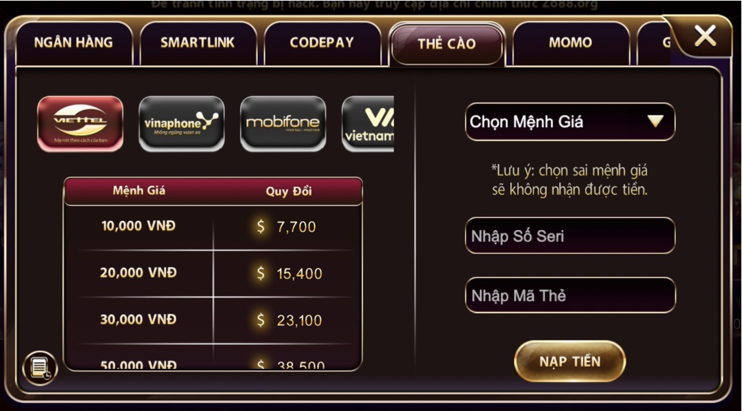 Nạp tiền qua thẻ cào tại Zowin