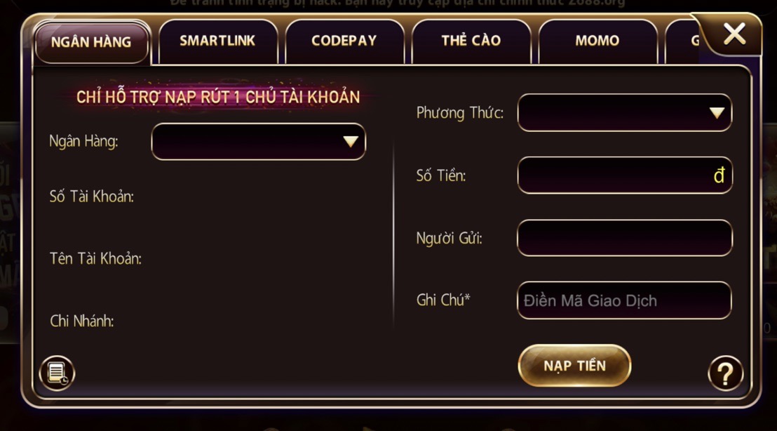 Nạp tiền qua chuyển khoản ngân hàng tại Zowin